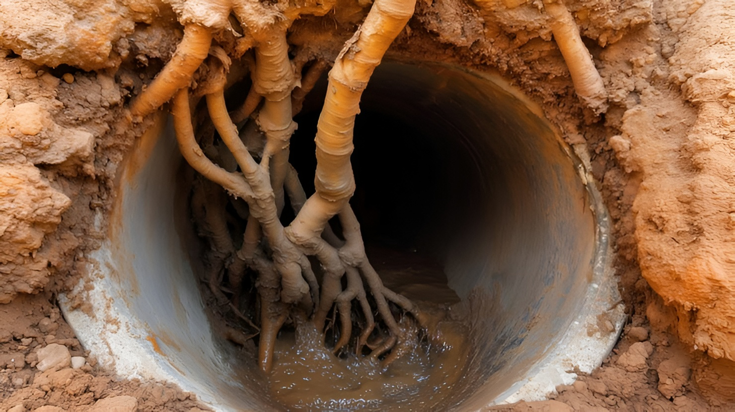 Sewer roots growing inside a drainage pipe, partially blocking muddy water flow and causing drainage issues.
