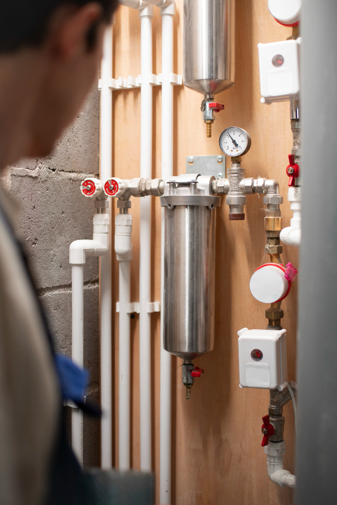Person by wall-mounted plumbing with pipes, valves, gauge, and filter—ideal for Sydney home renovations by Hot Water Specialists.