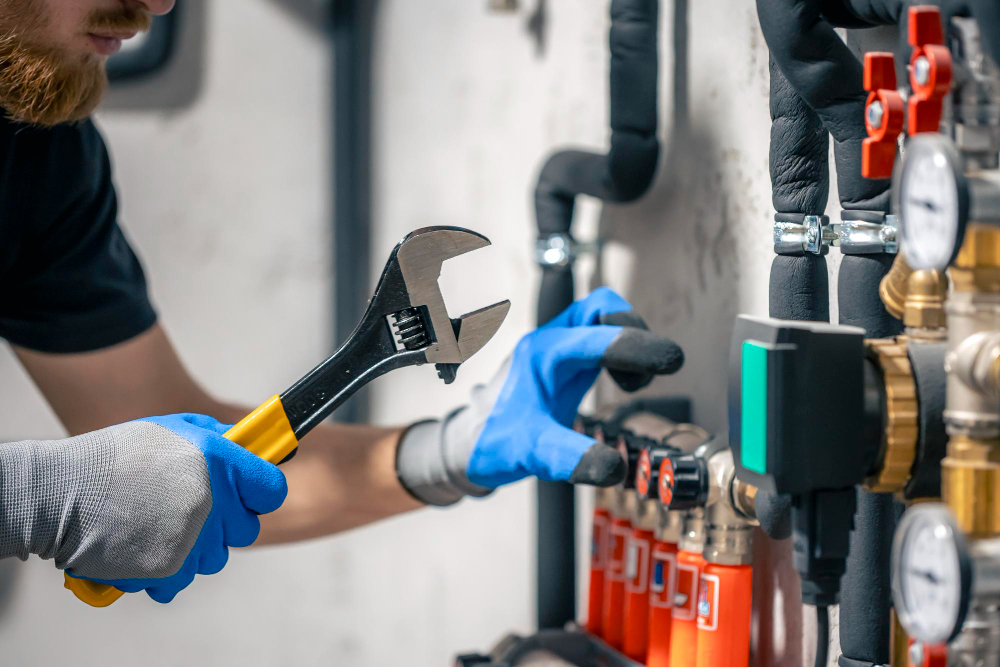 A person wearing gloves uses a wrench to repair water system pipes and valves, similar to Sydney home maintenance work.