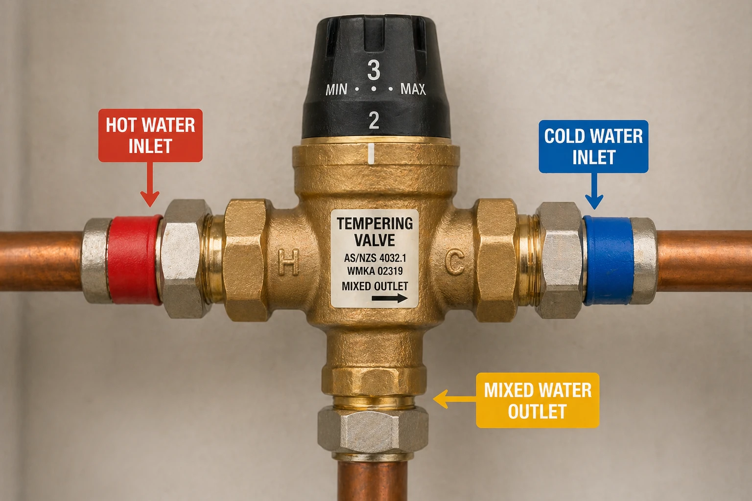 Detailed view of a hot water tempering valve showing cold and hot water inlets