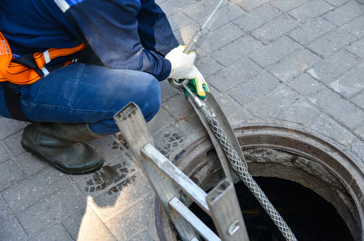 Worker in protective gear feeds a cable into an open manhole, possibly addressing drain blocked by debris.