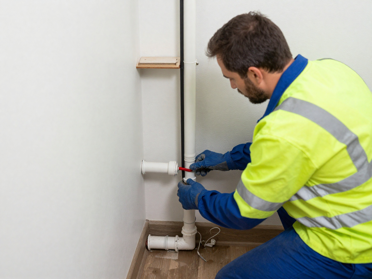 Worker in high-visibility jacket using wrench to fix pipe fitting after burst pipe emergency, acting fast in the corner.