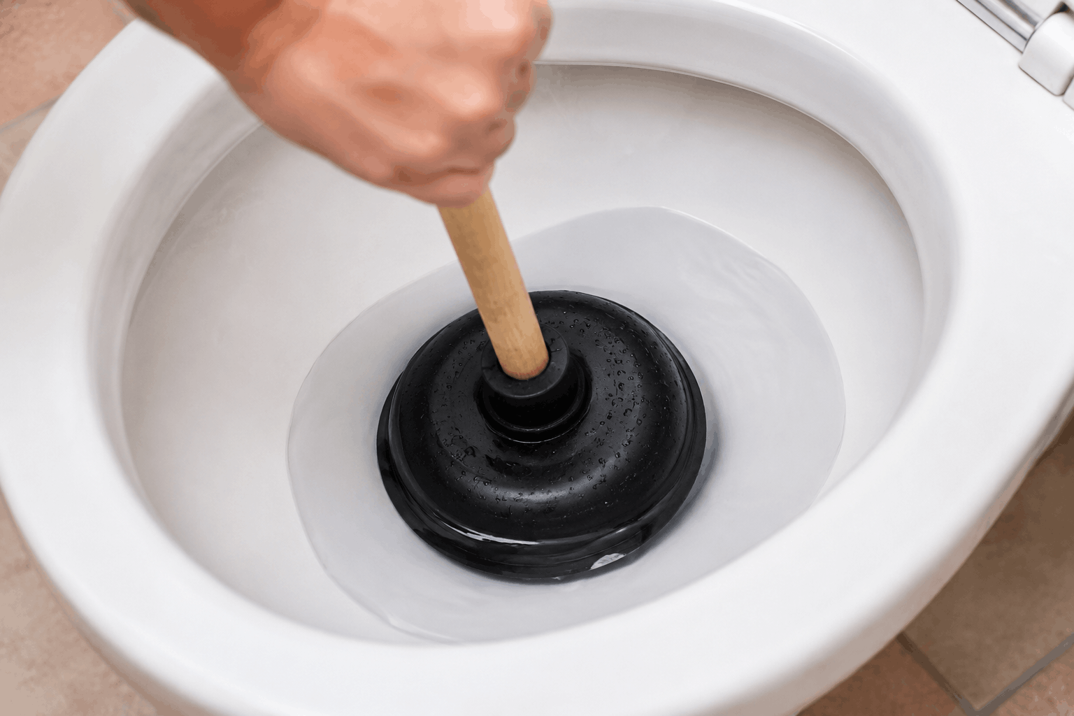 Professional toilet plunger technique showing a secure seal in the drain