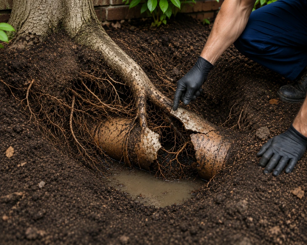 Tree root damage requiring garden plumbing repair and pipe relining