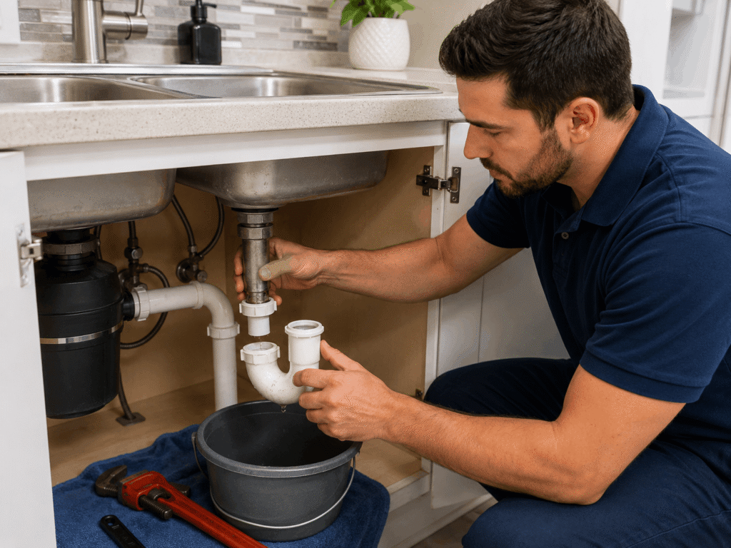 Licensed plumber demonstrating how to clean sink drain pipe by removing the P-trap