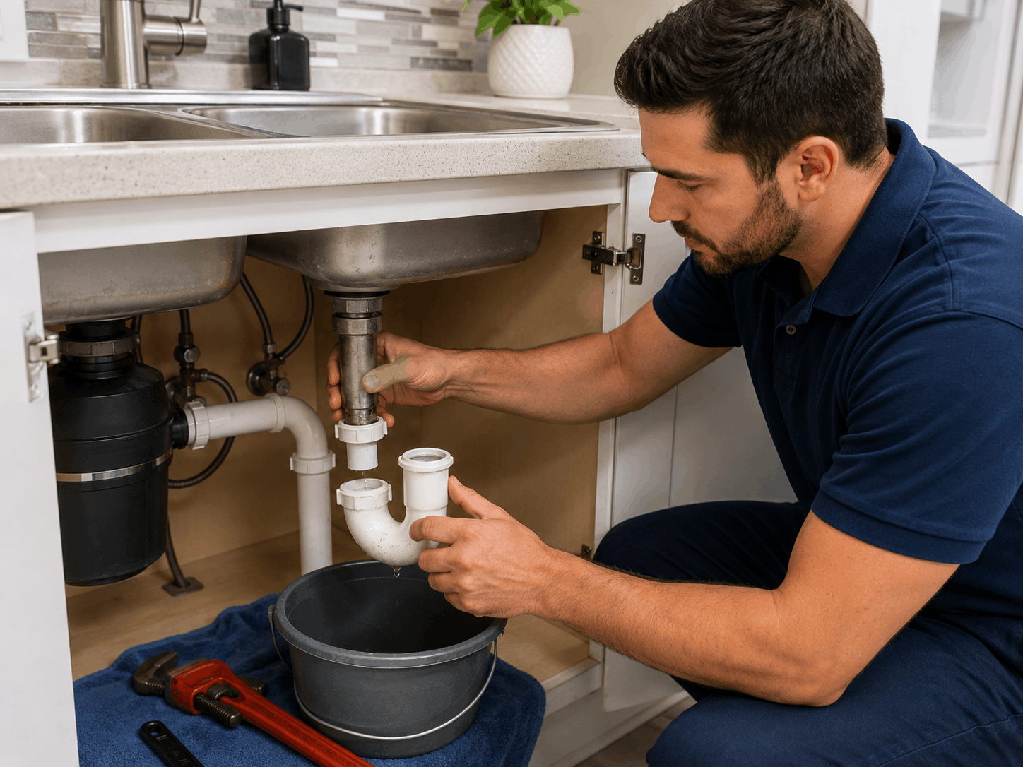 Licensed plumber demonstrating how to clean sink drain pipe by removing the P-trap