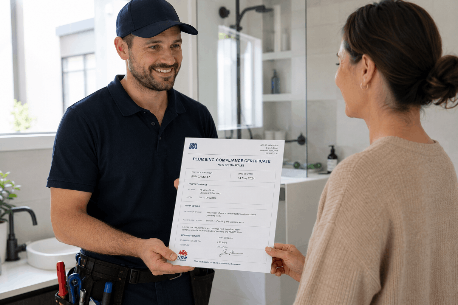 A licensed plumber issuing a plumbing compliance certificate after a job in Sydney