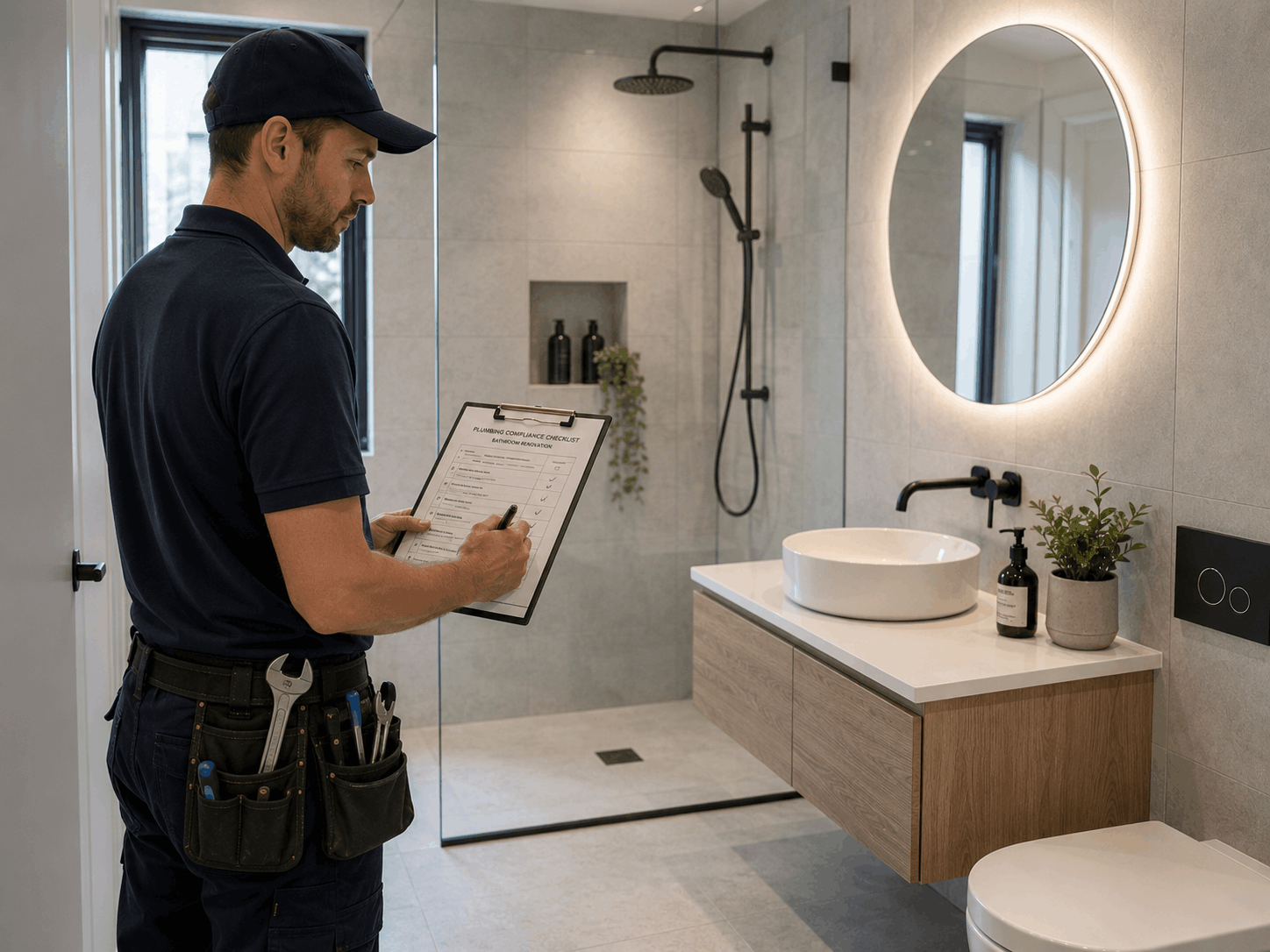 Professional plumbing compliance inspection for a bathroom renovation