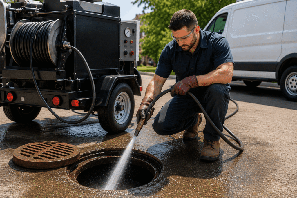 Professional high-pressure hydro-jetting for deep drain pipe cleaning