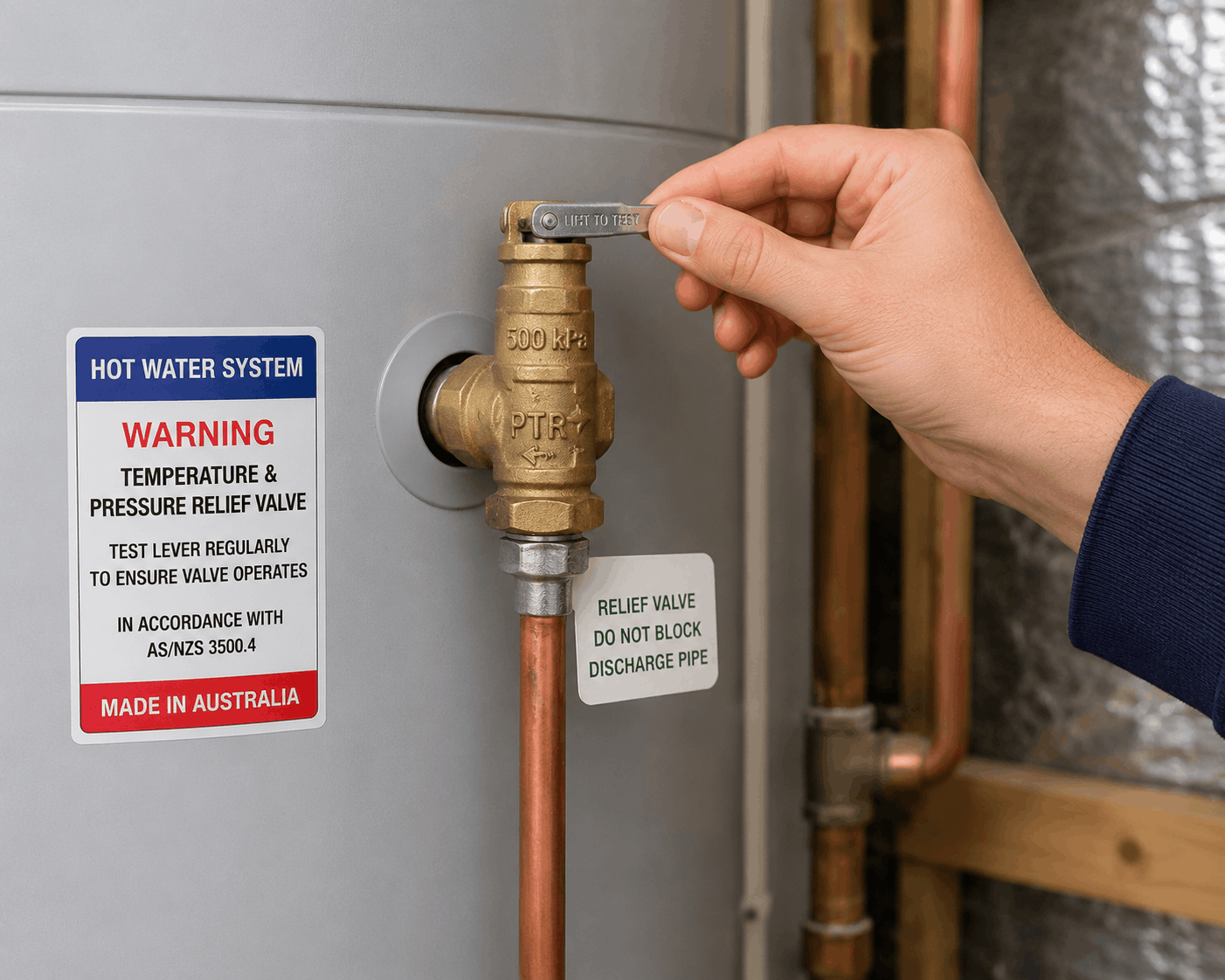 Homeowner testing a temperature relief valve lever for routine maintenance