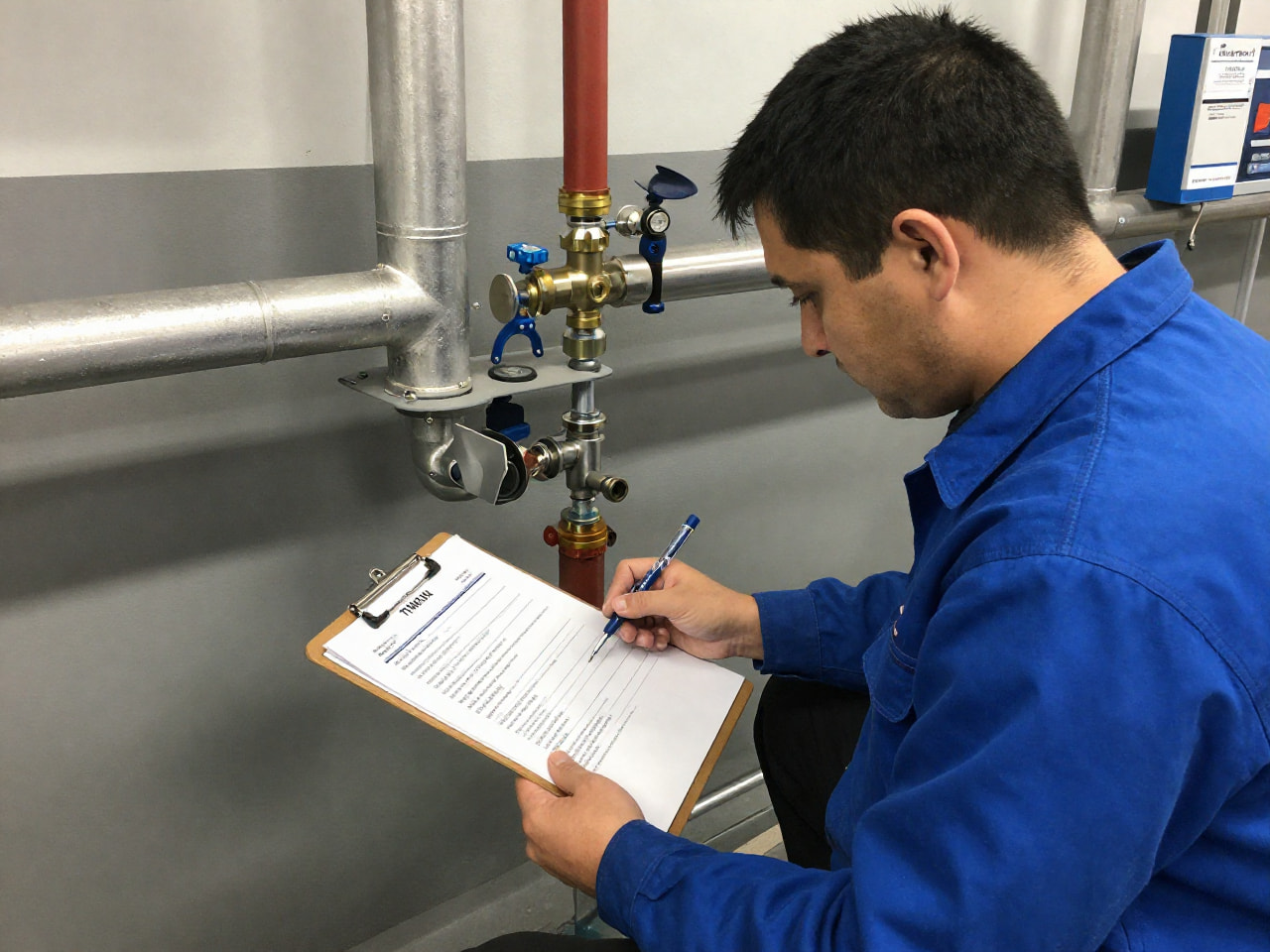 Licenced plumber performing mandatory TMV testing and certification in a Sydney facility
