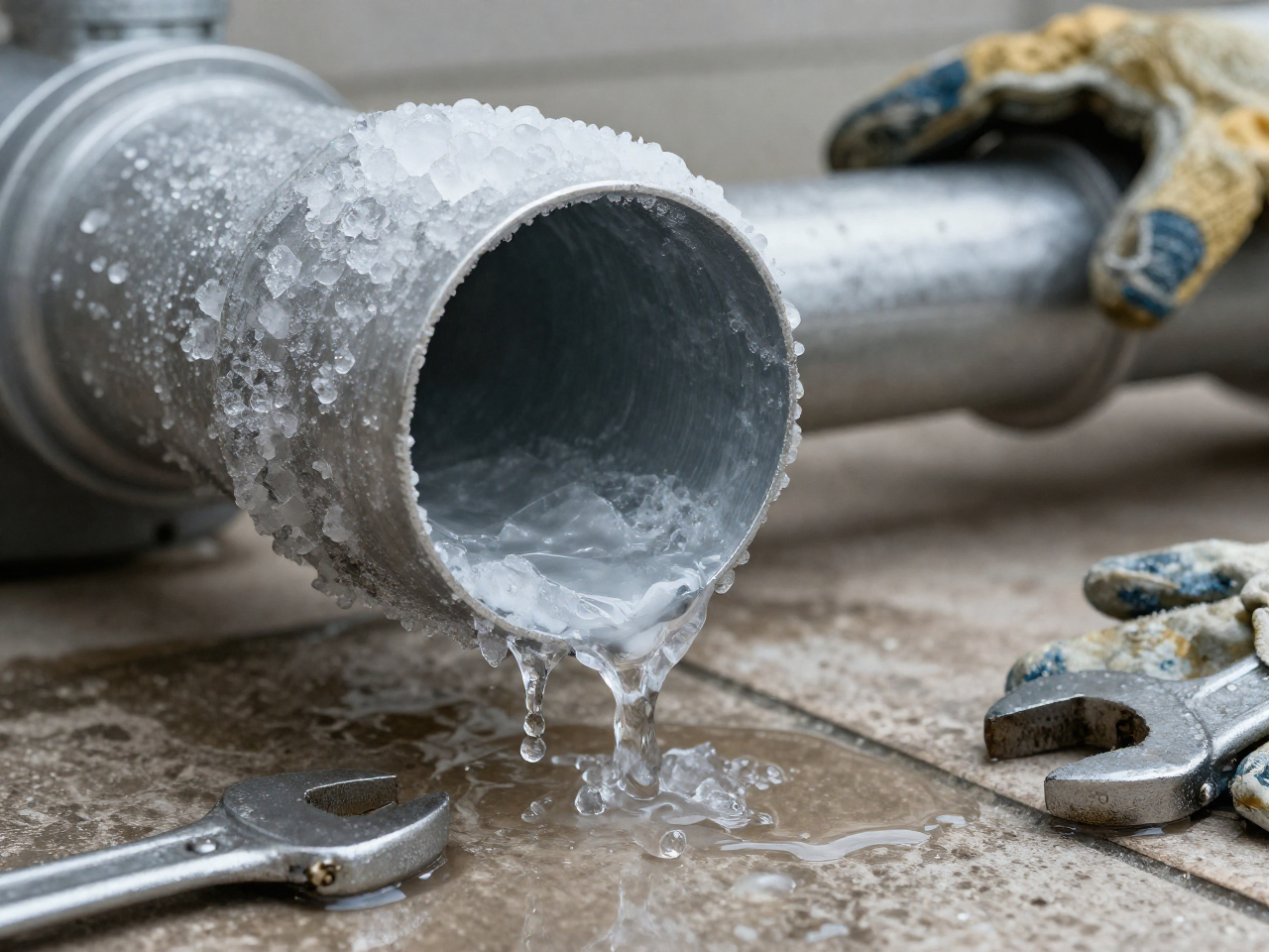 Frozen plumbing pipe burst caused by cold winter temperatures