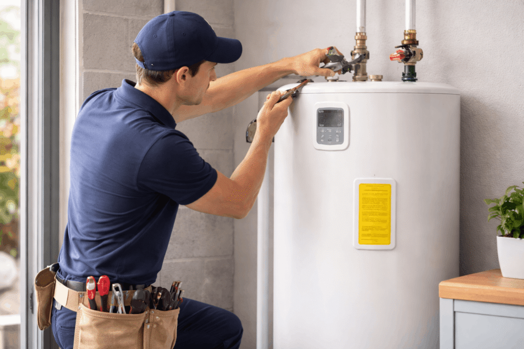 Licensed plumber performing water pressure testing at a residential property