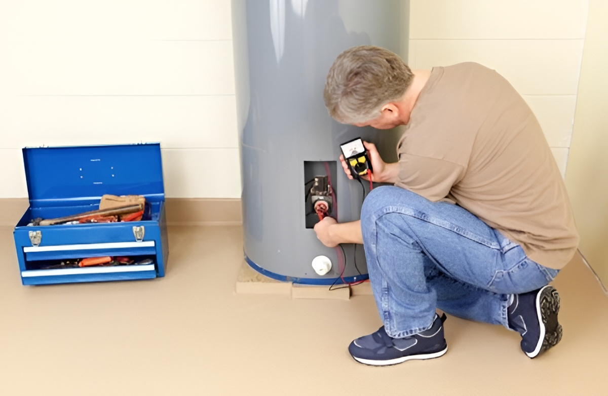 Plumber Pyrmont checks water heater wiring with a multimeter; blue toolbox with tools sits nearby.