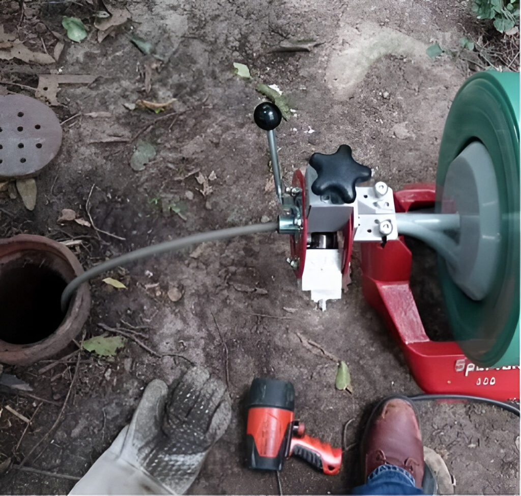 Drain auger machine feeding a cable into an outdoor drain pipe, with a gloved hand and handheld tool nearby.