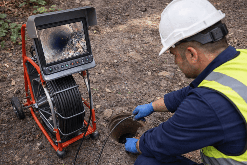 Plumber in safety gear using a drain camera to inspect an underground pipe for a blockage.