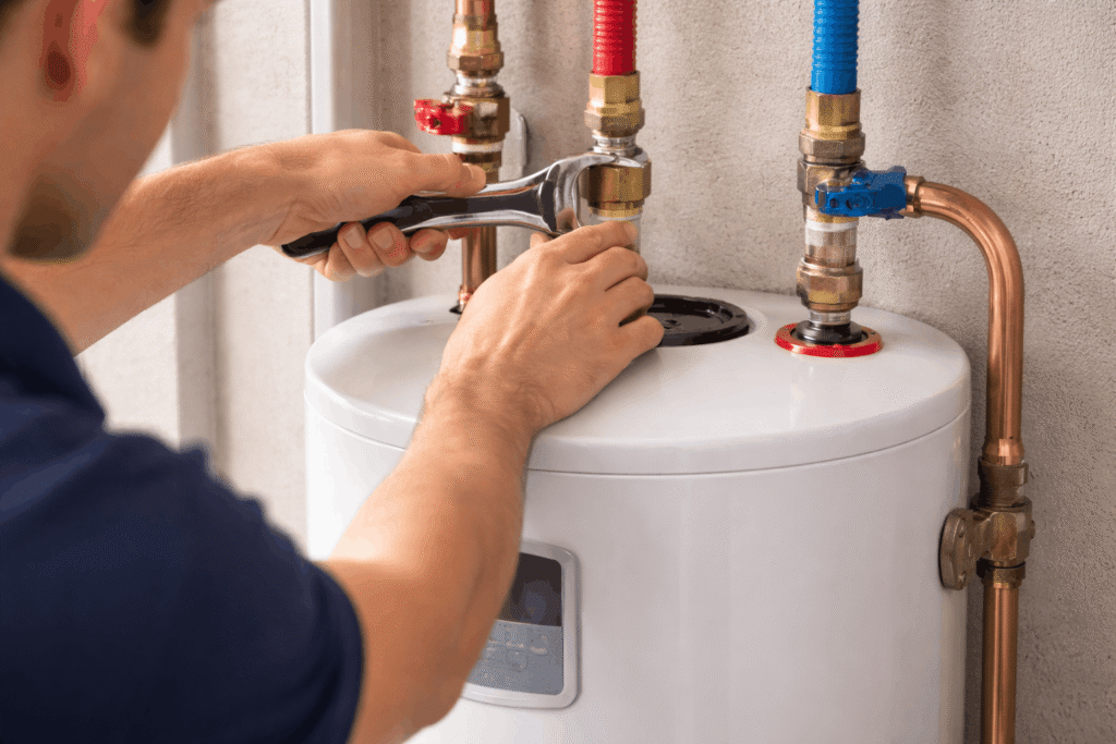 Person using a wrench to tighten water heater pipe fitting, addressing plumbing fault at red and blue lines.